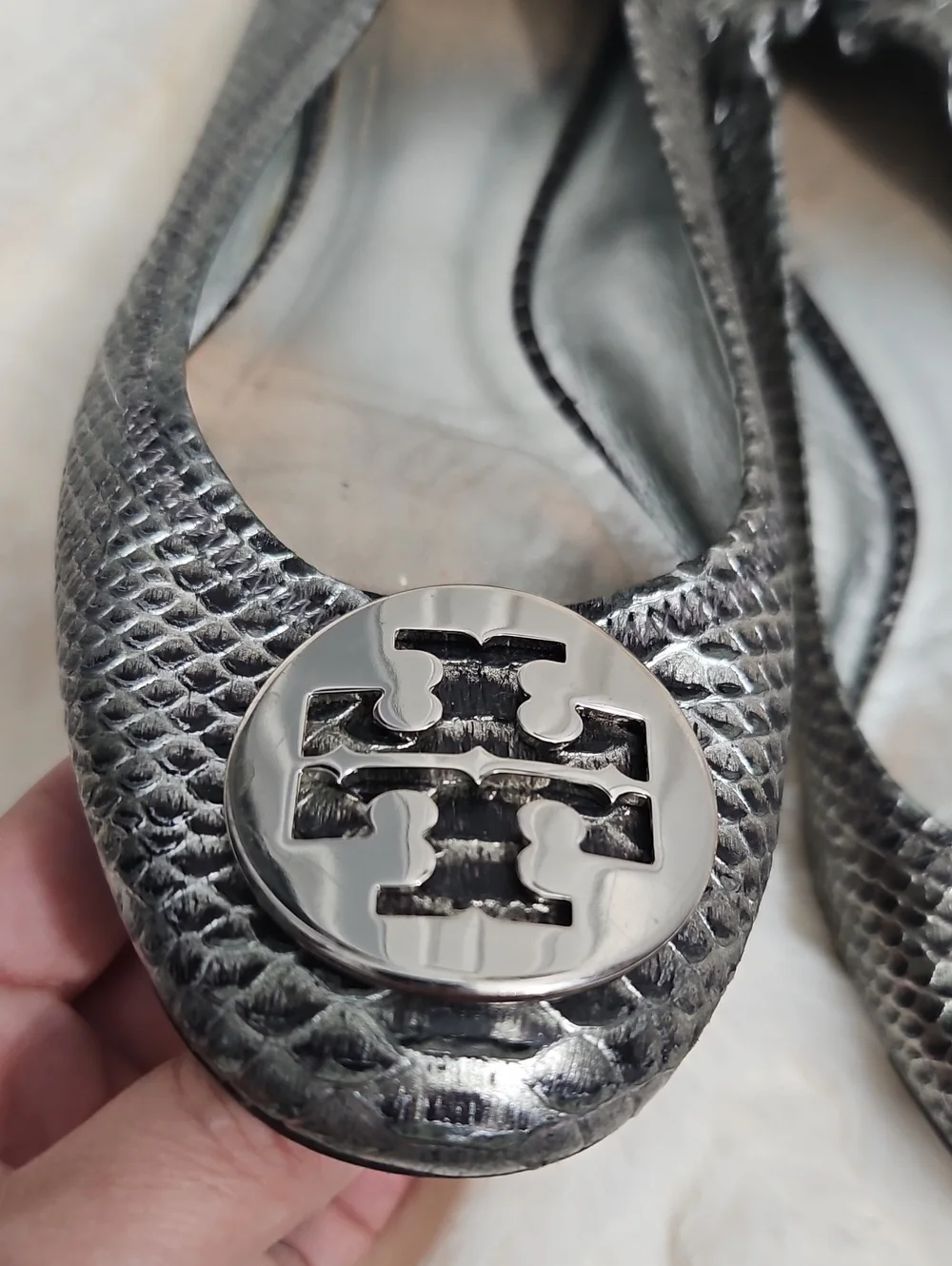 Tory Burch Metallic Black Snake-Embossed Ballet Flats